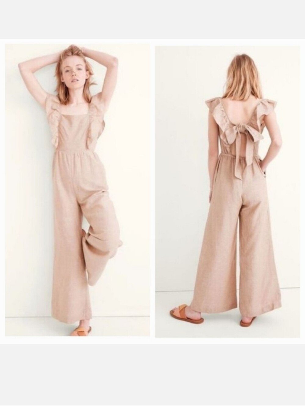 Madewell Linen Blend Ruffle Tie-Back Jumpsuit in Seed Khaki Size 12
